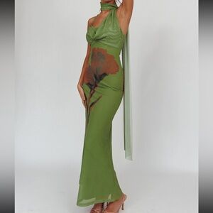 Green wrap scarf dress w/ large floral motif